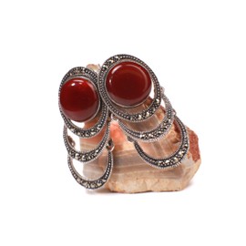 Vintage Marcasite 925 Sterling Silver 16mm Carnelian, Dangle Moving Hoops, One of a Kind Marcasite Gemstone Earrings