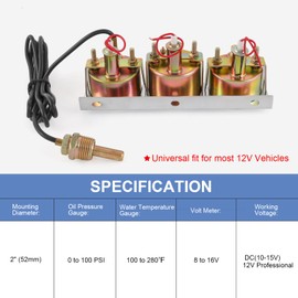 JDMSPEED 2 inch Triple Gauge Set - Oil Pressure, Water Temp, Volt Meter (Oil: 0-100 PSI, Water: 100-280F, Volt: 8-16V) - Fits GM, Ford, Mopar & More