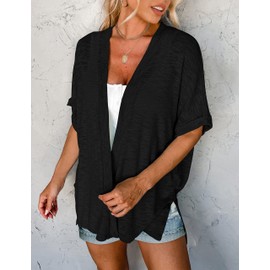 MEROKEETY Womens 2025 Summer Lightweight Cardigan Short Sleeve Open Front Casual Loose Cover Ups,Black,S