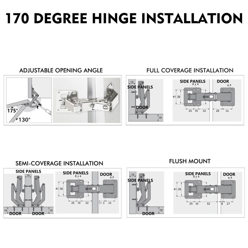 Jiaxitek 2-Pack 170 Degree Hidden Hinges,Hydraulic Adjustable Surface Mount Cabinet