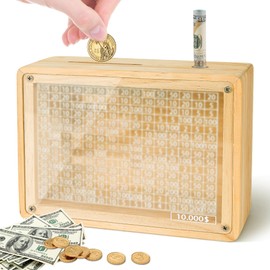 Inmorven 10K Dollar Clear Front Large Wooden Money Box with Tracker Grid, 7.6"x5.6"x1.9" $10,000 Goal Piggy Bank, 10000 USD Savings Challenge Box with Cash and Coins Separate Slots