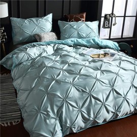 Feelyou Pintuck Duvet Cover Set King Blue Silk Like Satin Bedding Pinch Pleated Ruffle Design Silky Microfiber Bedding Sets Girls Women Bedroom Decor Luxury & Microfiber Comforter Cover with Zipper