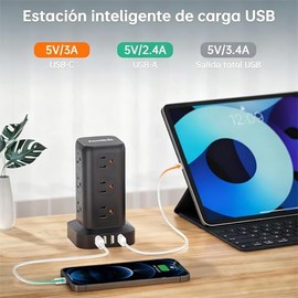 SMALLRT Regleta Torre Multicontacto, Extension Electrica USB C, Conector Multiple Enchufe 1.98 M con 12 Salidas CA y 4 Puertos USB (1 USB C), Extensió