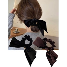 40Bandit Ribbon Scrunchies, Large, Velour Scrunchies, Set of 2 (Black x Brown), For Adults, Black, Hair Accessories, Hair Elastics