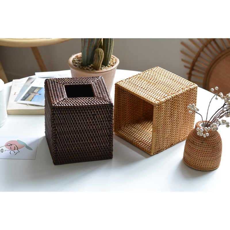 Cosmetic Tissue Boxes Square Rattan Tissue Box Dispenser for Home