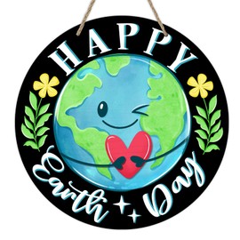 Deroro Happy Earth Day Front Door Sign, April 22 Environmental Protection Favor Wood Door Hanger Outdoor Outside Porch Decor, School Classroom Travel Party Wooden Wreath Indoor Wall Hanging Decoration