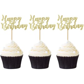 Keaziu Paquete de 24 adornos dorados para cupcakes de feliz cumpleaños