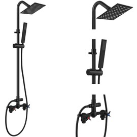 Aolemi Wall Mount Outdoor Shower Kit,Outdoor Shower Fixtures Faucet System with Handheld Spray,Double Handle 6 Inch Center Exposed Shower,with 6" Shower Head Matte Black