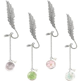 Separadores de Libros, Marcapáginas de Plata, Sprout Bookmark de Plumas de Metal con Cadena, Adorno de Papelería de Espécimen Botánico de Flores Secas, para Lectura de Papel de Libro（8PC）