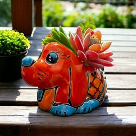 Handmade Talavera Dog Succulent Mini Planter with Tongue Sticking Out - 5.5” x 3.5” with Drainage Hole
