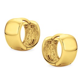 Simple Basic Wide Huggie Hoop Kpop Earrings For Women For Men Gold Plated .925 Sterling Silver Polished Flat Hinge