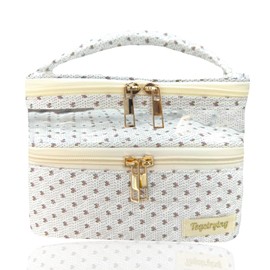 Tegelrying Travel Makeup Bag,Double Layer Large Cotton Quilted Makeup Pouch Soft Cosmetic Organizer with Handles,Cute Make up Case Toiletry Bags for Women, White Flroal, Double Layer