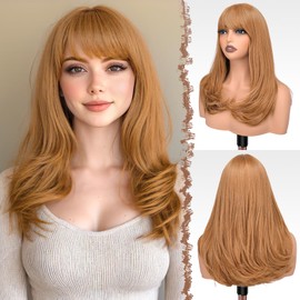 FESHFEN Long Wigs with Fringe, Women's Chestnut Brown Wig, Synthetic Layered Hair, Natural Look, Synthetic Hair Wig, Daily Party, Cosplay, Carnival for Women, 45 cm