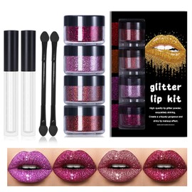 Glitter Lip Kit, 4 Colors Glitter Lip Kit Gloss, Metallic Shimmer Glitter Powder, With Lip Primer and Brush for Making Metallic Glitter for Lips and Nails