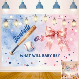 What Will Baby Be Photography Backdrop Baseballs or Bows Photo Background Pink and Blue Gender Reveal Baby Shower Decorations Banner 7x5ft