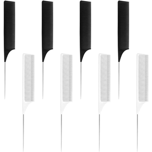 Haisheng Set of 8 Fine Tooth Hair Combs Hairdressing Comb Set Handle Comb Stainless Steel Carbon Fibre Rat Tail Needle Handle Comb Parting Comb Heat Resistant Combs Separation Comb Professional Hair