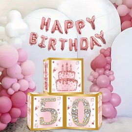 50th Birthday Decorations Boxes for Women - 3PCS Pink Rose Gold Happy 50th Birthday Balloons Boxes,Fifty Year Old Birthday Theme Cardboard Box Decor