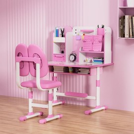 Student Learning Desk and Chair Set Pink/Blue Desk Set Height Adjustable with Drawers and Storage Compartments Desktop Cartoon Learning Desks Set - Color: Blue