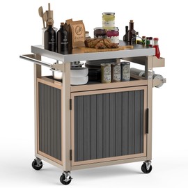 Skyflame Outdoor Grill Cart with Storage on Wheels, Rolling Kitchen Island with Stainless Steel Table Top, Multifunctional BBQ Food Prep Table with Magnetic Single Door for Patio Backyard Garden Deck