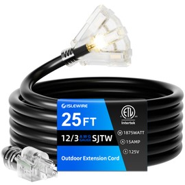 islewire 25 FT Outdoor Extension Cord with Multiple Outlets, 12 Gauge Heavy Duty Black Extension Cord Waterproof with 3 Outlet, 3 Prong Power Cord for Garden and Home Use Indicator Light, ETL Listed