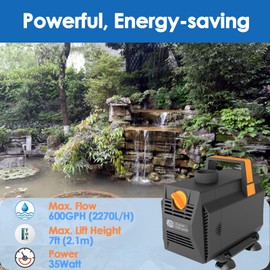AquaMiracle 600GPH Submersible Water Pump Pond Pump(2270L/H, 35W), Water Fountain Pump Aquarium Water Pump with Flow Control for Fish Tank, Waterfall, Statuary, Filtration, Water feature, Hydroponics