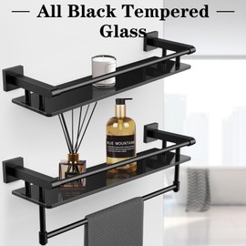 SFGSOWOR Glass Shelf for Bathroom Rectangular Stainless Steel Tempered Glass Modern Stainless Steel Wall Mount Shelf (All Matte Black, 20‘’)
