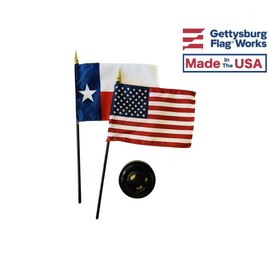 Set of 6 4x6 E-Gloss Texas Stick Flag w/U.S. Stick Flag & 2 Flag Plastic Table Base - Proudly Made in The USA