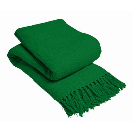 Olivia Rocco Lisbon Throw 100% Cotton Plain Honeycomb Sofa Bed Chair Cover Throws Tasselled Decorative Blanket, 178 x 254 cm (70" x 100") Emerald Green