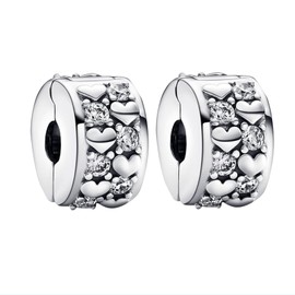 MGIUL Silver Gem Pavé Heart Clip Stopper Charms 2 Pieces Pendant for Bracelets Necklaces 925 Sterling Silver Pendant Beads Jewellery Gift for Women, Silver, Zircon