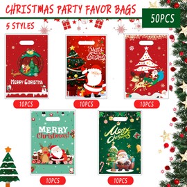 50 Pcs Christmas Candy Bags Christmas Party Gift Bags kid Snack Bags Plastic Small Gift Bags with Handle Girls Boys Kid's Gift Christmas Bags, Gift Goodies Bag, Fillers Gift Bags for Christmas