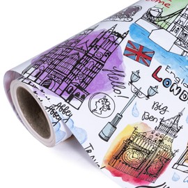 WRAPAHOLIC London Wrapping Paper Roll - Mini Roll - 17 Inch x 33 Feet - Colorful England London City Travel Design, Perfect for Birthday, Party, Holiday
