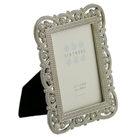 Sixtrees A Twinpack of Antique Vintage and Shabby Chic Style Silver Metal Photo Frames with Beads and Crystals in 10 Styles for 9 x 6.3 cm (64 x 89 mm) Photos 3 x2 Louisa