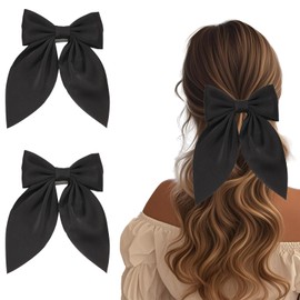 Flomiara 2PCS Hair Bows for Women, Ribbon Ponytail Holder Accessories Slides Metal Hair Clips, Hairdresser Accessories Bow Solid Color Barrette Clips Soft Satin Silky Hair Bow for Women Girls, Black