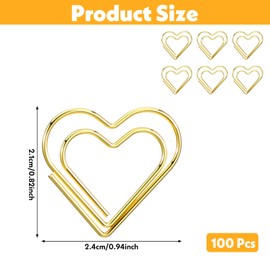 Tyqour 100 Pcs Heart Paper Clips, Metal Cute Heart Shaped Paper Clips, Mini Gold Paperclips for Document Note Sorting, Wedding Decoration, Crafts, Kids, Office Supplies (Gold)