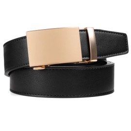 Drowsmen Belt men,leather ratchet belt 1 3/8" with Click Sliding Automatic Buckle, Adjustable belt Trim to Fit (Gold buckle black belt, 32"-38" Waist Adjustable)