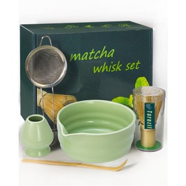Taruzil Matcha Whisk Set with Matcha Bowl, Matcha Bamboo Whisk, Scoop, Sifter, Matcha Kit Holder Unique Gifts for Women Men Girl Friend Home Kitchen Decor Gifts for Christmas, Birthday（Light Green）