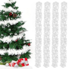 Tinsel Garland Christmas White, Metallic Garland Christmas Tree, Pack of 4 Shiny Christmas Garland, Christmas Tree Decoration Garland, Tinsel Garland, Festive Tinsel Decoration