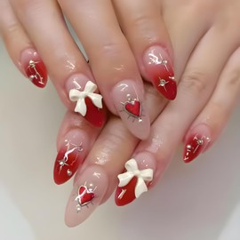 24Pcs Valentine's Press on Nails Medium Almond Nails Heart Fake Nails with Designs Bow Acrylic Nails Star Rhinestones Valentines Hearts False Nails Red Gradient French Stick on Nails for Women
