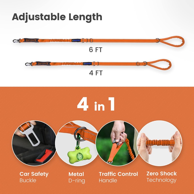 IOKHEIRA Orange Leash for Large Dogs, Multifunctional Adjustable Heavy Duty