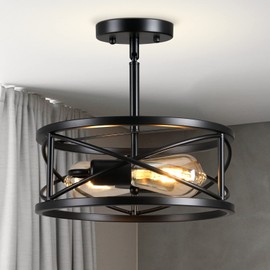 Karjearl Farmhouse Semi Flush Mount Ceiling Light Fixtures, 11.8“ 2-Light Black Industrial Sloped Ceiling Lighting with Metal Cage for Kitchen, Hallway, Entryway, Laundry Room, Bedroom, E26