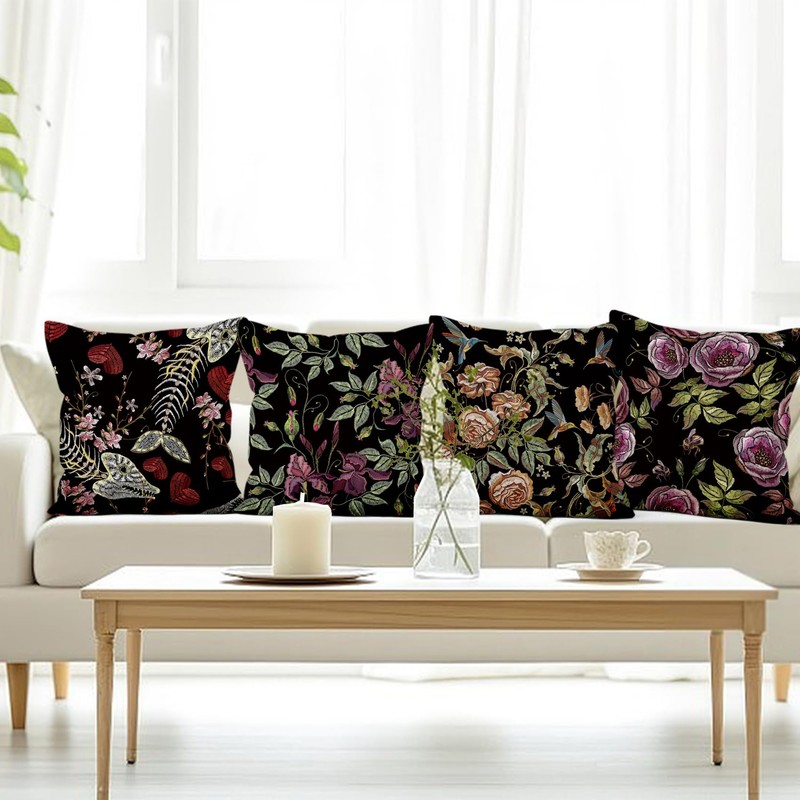 Black Gothic Floral Throw Pillow Covers, Purples Flower Dark Decorative