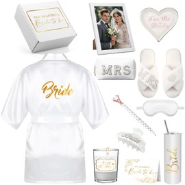 Tiangrid 12 Pieces Bride To Be Gifts Set Bride Robe Slippers Hair Clip Cosmetic Bag Bride Gift Box Cup Photo Frame Jewelry Tray Pen Eye Mask Bride Gifts for Wedding Bachelorette Party Bridal Shower