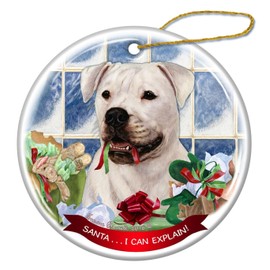 American Bulldog White Dog Porcelain Ornament Pet Gift Santa I Can Explain!