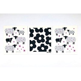 Bargquist Imports Collections Swedish Dish Cloths: Natural Eco Friendly Cotton Dishcloth with Country Pasture Sheep Theme; Black, White, Silver Grey, Pink Set of 3