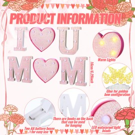 Honoson 6 Pcs Mother's Day LED Lights Light up Letters Mom Sign Battery Powered Heart Light up Letters with 12 Gold Butterflies for Mom Party Decor Night Home Family Supplies(Pink)