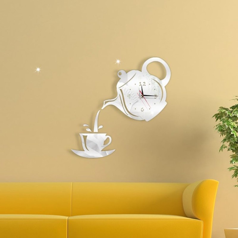 Fowecry 3PCS DIY Acrylic Coffee Cup Teapot 3D Wall Clock