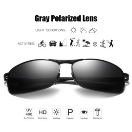 ZHILE Rectangular Polarized Sunglasses Al-Mg Alloy Temple Spring Hinge UV400 Large(Black, Grey)