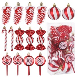 Zocipro 15Pcs Christmas Tree Decorations Glitter Candy Pine Cones Cane Lollipop Christmas Ball Hanging Ornaments with Rope, Christmas Baubles Ornaments for Xmas Home Decor (Red & White)
