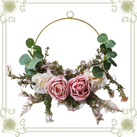 GZGXLJ Decorative Wreaths 37 x 30 cm Door Wreath Decorative Artificial Flowers Metal Ring Wreath Hanging Garland for Holiday Wedding Home Wall Door Hanging Decoration White/Pink