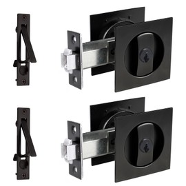 Dontay 2 Pack Pocket Door Lock with Key, Contemporary Entrance Sliding Barn Door Lock Latch, Recessed 2 Sided, 2 3/8" Backset, Flush Handles Hardware (Including Edge Pull, Matte Black, Square)